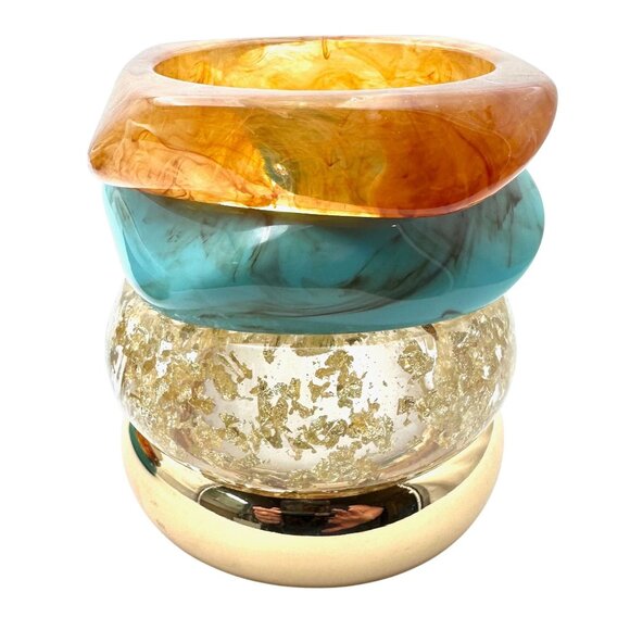 Gold Turquoise Swirl Lucite Wide Bangle Bracelet Retro Chic Style Stackable - Picture 4 of 7